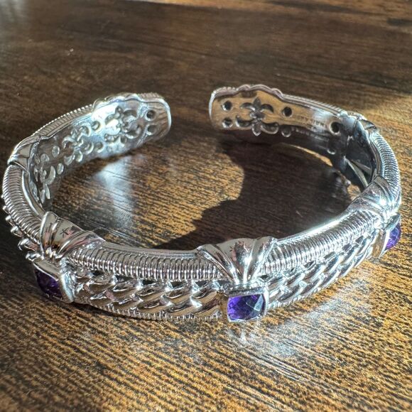 Vintage Judith Ripka Sterling Silver Amethyst Hinged Cuff Bracelet Rope Textured - Picture 3 of 17